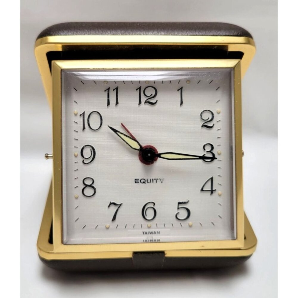 Vintage Equity Folding Travel Wind Up Alarm Clock Clamshell Case Gold Tone Trim
